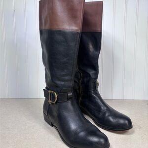 Lands' End Black Riding Leather Boots with Brown Cuff (Blemished Heels)